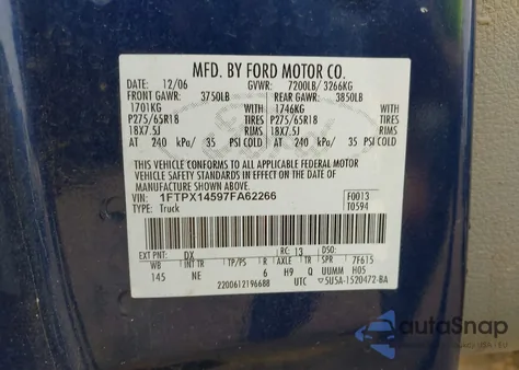 2007 Ford F-150 Fx4/Lariat/Xl/Xlt из США, поврежденный, VIN 1FTPX14597FA62266